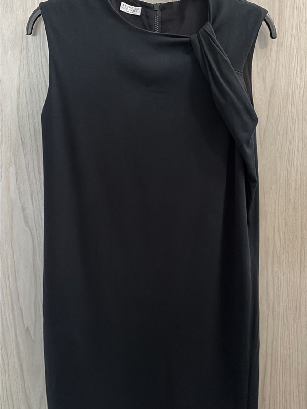 Brunello Cucinelli Black Sleeveless Midi Dress with Shoulder Drape